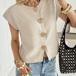 TEMU 여성용 캐주얼 통근 메탈 버클 가디건, 가을, 겨울, 봄 캐주얼웨어에 적합, 일상 외출 및 비치웨어용으로 이상적