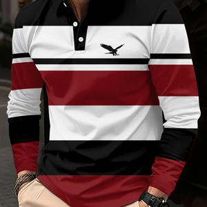 TEMU 남성용 3D 프린트 기하학적 셔츠 - 긴소매 캐주얼 및 세미 포멀, 레드/화이트/블랙/화이트/레드 색상, 버건디 칼라, 통기성 좋은 신축성 있는 원단, 세탁기 사용 가능, 봄 및 가을에 적합