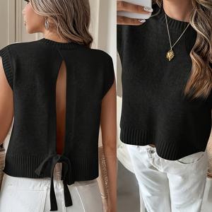 TEMU 세리스 여성 캐주얼 백리스 타이백 플로럴 메쉬 스웨터 베스트, 가을에 적합