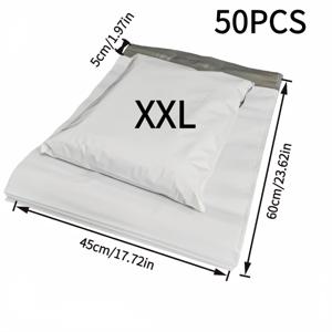 TEMU 50개입 흰색 배송 가방 세트 - 매우 튼튼하고, 자체 밀봉, 가장자리 처리. 소형부터 엑스트라 사이즈까지 5가지 사이즈로 제공되며, 의류 포장, 상업용, 택배 서비스 및 배송에 적합합니다.
