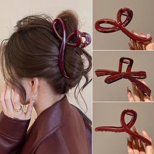 TEMU 대형 빨간색 플라스틱 헤어 클로 3개 세트. 머리 뒤쪽 스타일링용 상어 클립. 우아하고 트렌디한 헤어 장식