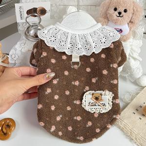 TEMU 애완동물 가을 & 겨울 신상 올오버 플로럴 카디건 코트, 레이스 트림 칼라, 패치 베어 & 리본 디자인, 소형견 & 고양이용 귀여운 스타일 의류