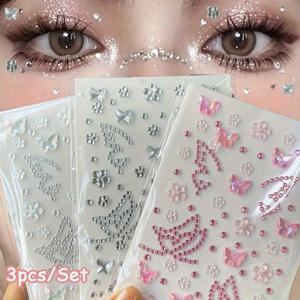 TEMU 라인스톤 나비 꽃 스티커 3개 세트, 얼굴 장식 패치, 트렌디한 눈 라인스톤 장식