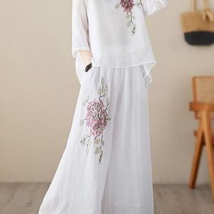 TEMU 여성용 상하세트 실내복 반팔 면마 라운드 티셔츠 자수 블라우스 빈티지 얇은 와이드 팬츠 투피스 캐주얼세트 엄마옷 원단이 편안하고 통기성이 좋으며 슬림소녀