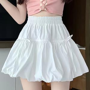TEMU 화이트 여성용 반치마, 나비넥타이 포함, 퍼프 스커트, 스위트 하이웨이스트 봉오리 스타일 미니 스커트