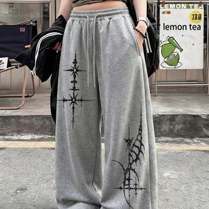 TEMU 캐주얼 스포티 팬츠, 스트리트 스타일 가시/스타버스트 패턴 실버그레이 프린트, 신축성 허리와 드로스트링, 와이드 레그 스트레이트컷 여성용 바지, 사계절용 포켓