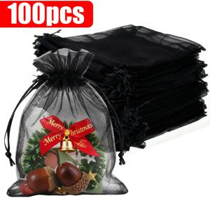 TEMU 그녀/그를 위한 선물용 100개입 우아한 블랙 오간자 끈끈이 봉투 - 내구성 있는 양면 스티치 원단, 주얼리, 결혼식 및 휴일 선물용, 선물 포장 용품, 주얼리 선물 가방, 세련된 디자인, 매끄러운 질감, 주얼리 및 사탕에 이상적