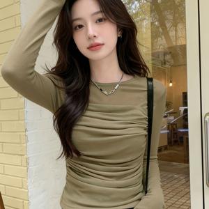 TEMU 여성용 스타일리시 반팔 탑, 긴소매, 라운드넥, 메쉬 및 플리츠 장식