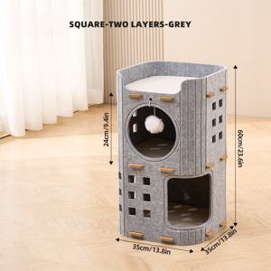 TEMU 2/3단 펠트 홀로우아웃 캣하우스 - 통기성 멀티 레벨 캣 콘도, 매달린 폼폼 장난감 포함, 사계절 캣 베드