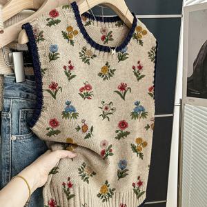 TEMU 우아한 플로럴 프린트 여성용 크루넥 풀오버 조끼 | 고품질, 컬러 블록, 올 시즌, 캐주얼 다용도 착용