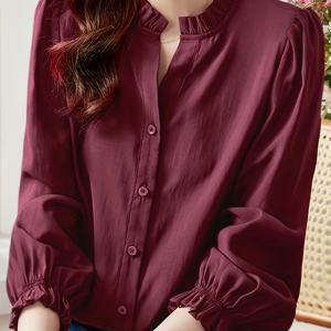 TEMU 여성용 엘레강스 브이넥 긴소매 러플 셔츠 - 단색 사무실 및 캐주얼 블라우스, 레귤러핏 봄/가을용 상의, 편안한 핏 브이넥 셔츠