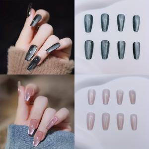 TEMU 여성을 위한 반짝이는 중간 발레 프레스 온 네일 2팩 (48개), 반사하는 글리터 캣 아이 네일, 혼합된 검정 & 분홍 그라데이션 네일 세트, 접착 탭과 네일 파일 포함