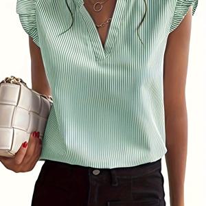TEMU 여성용 연두색 & 흰색 줄무늬 V넥 퍼프 소매 블라우스 - 캐주얼 루즈핏 버튼업 셔츠, 여름 의상에 완벽, 캐주얼 여름복 | V넥 블라우스 | 버튼업 셔츠, 여성용 탑 및 블라우스, 여성용 셔츠 및 블라우스, 여성용 탑 블라우스, 여성용 셔츠, 여성용 블라우스, 여성용 탑 블라우스, 여성용 스타일리시 탑
