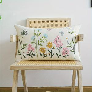 TEMU 꽃과 나비가 아름답게 자수가 있는 쿠션 커버 1개입. 보이지 않는 지퍼가 있어 세탁기 사용 가능. 다양한 사이즈로 다양한 가족 장식에 적합하며, 베개 속통은 미포함.