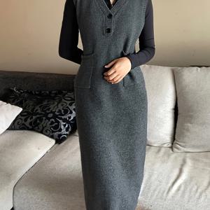 TEMU 방향성 캐주얼 편안한 드레스 롱 베스트 스웨터 드레스 루즈 레이지 스타일 V넥 베스트 풀오버 민소매