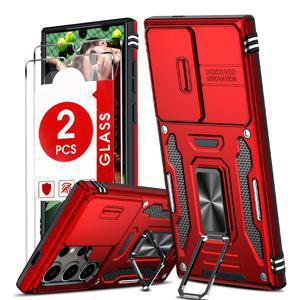 TEMU 삼성 갤럭시 S25 S24 S23 S22 S21 S20 S10 울트라 플러스 S24FE S23FE S21FE S20FE 5G 시리즈용 헤비듀티 충격 방지 아머 360° 회전 금속 마그네틱 링 스탠드 강화유리 필름 액정保护膜 포함 휴대폰 케이스