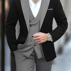 TEMU 3피스 블랙 대비 남성 정장 세트, 플러스 사이즈 그레이 컬러블록 정장 조끼 세트, 노치드 라펠 정장, 정장 바지, 웨딩 드레스, 신랑 들러리 정장, 워크웨어, 칵테일 파티 드레스 세트, 휴일 선물