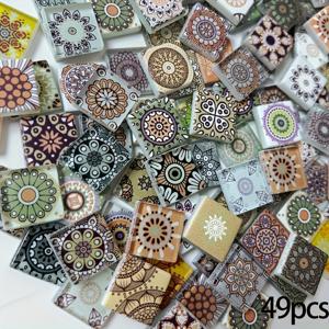 TEMU 만다라 유리 타일 49개, 공예, 3D 사각 조각 (가정 장식용), 예술적인 꽃무늬 유리 용품