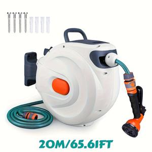 TEMU 10M/20M/30M 사이즈로 제공되는 접이식 정원 호스 릴. 벽걸이형 디자인, 회전 브래킷, 자동 호스 회전, 물총 포함, 스마트 회전 시스템, 공간 절약을 위한 엉킴 방지 기능, 배터리 없음.
