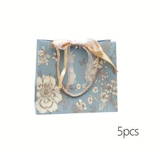 TEMU 5pcs 우아한 꽃 장식 선물 가방 - 파스텔 블루 & 골든 디자인, 여성 의류 포장에 이상적, 생일, 샤워, 특별한 기회에 이상적, 축제 선물 가방 | 꽃 무늬 가방 | 내구성 있는 종이 재질, 여성용 선물 가방