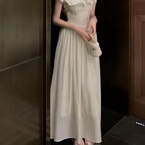 TEMU 여성 여름 프렌치 스위트 웨이스트 드레스, 멋진 바캉스 롱 드레스, 러플 스퀘어넥 플러터 슬리브 드레스