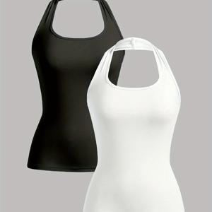 TEMU 2개 여성 홀터넥 민소매 탑 - 솔리드 컬러 오픈백 셔츠, 스트레치 올시즌 캐주얼 & 드레시 웨어, 기계 세탁 가능 솔리드 컬러 블라우스 (비) - 비치, 파티, 일상 아웃핏용