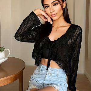 TEMU 레이스 숄과 캐미솔 드레스를 겹쳐 입은 여름 의상, 타이와 할로우 디자인의 스타일리시한 숏 카디건