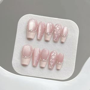 TEMU 손으로 만든 핑크 물방울 무늬 진주 체인 고양이 눈 프렌치 스타일 네일용 세트 10개입. , 휴일, 네일 아트 매니아에게 이상적이며 여성 및 여성들을 위한 사랑스러운 선물입니다.