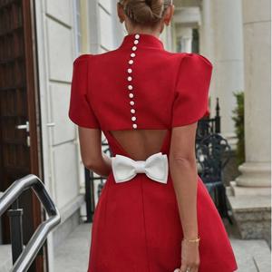 TEMU 여성용 우아한 소셜라이트 스타일 레드 드레스 허리 리본 디테일 & 스탠드업 칼라 - 파티 및 특별 행사용 솔리드 컬러 기계 세탁 가능