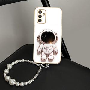 TEMU 휴대폰 케이스 - 3D 우주 비행사 접이식 홀더, 진주 넥스트랩 체인 및 고급 도금 TPU 케이스 (삼성 갤럭시 S24 FE, S25 Plus, Ultra 모델용), 충격 방지 보호 기능 제공