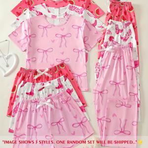 TEMU 3피스 잠옷 세트 (10대용), 티셔츠, 반바지, 긴 바지 포함, 랜덤 패턴 (부츠, 리본, 수박 프린트); 각 피스은 독특하고 통기성이 좋습니다. 10대용