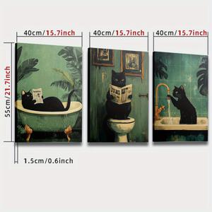 TEMU 2D 플랫, 2D 플랫 액자 2D 평면 효과, 재미있는 고양이 욕실 벽걸이 아트 3종 세트, 모던 빈티지 스타일, 실내 캔버스 포스터, 세로 액자 동물, 거실, 침실, 봄/여름 장식에 적합, 나무 액자