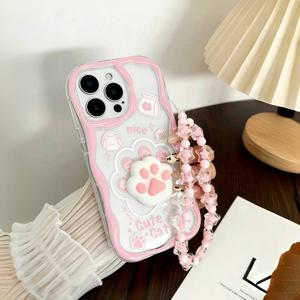 TEMU 휴대폰 케이스 - 귀엽고 독특하네요! 고양이 발자국 프린트 휴대폰 케이스, 핑크색의 귀여운 필수템으로 스트랩이 함께 제공되며 아이폰 11부터 17 Pro Max, Plus, XS, XR, X와 호환됩니다.