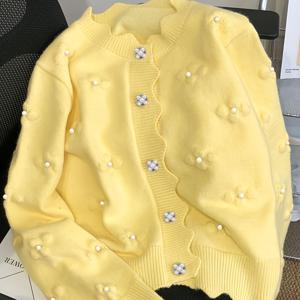 TEMU 여성 캐주얼 시크 가디건, 진주 장식 버튼 - 부드럽고 신축성 있는 라운드넥 스웨터, 가을/겨울 레이어링 필수템, 일본/한국 스타일, 귀여운 디자인 및 튼튼한 원단