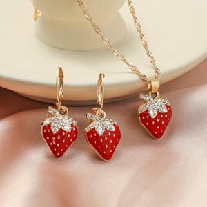 TEMU 3개 세트 고급 여성용 딸기 주얼리 세트, 우아한 웨딩, 기념일, 생일, 발렌타인데이, 추수감사절 선물, 선물