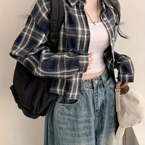 TEMU 우아한 여성용 긴팔 체크 셔츠 - 클래식 칼라, 싱글 버튼 디자인, 블루 앤 화이트 체크 패턴, 신축성 없는 원단, 봄, 여름, 가을에 다용도로 활용 가능, 캐주얼 및 포멀한 모든 행사에 적합