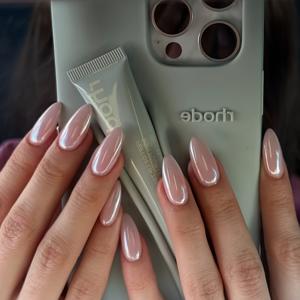 TEMU 아몬드 쉐이프 프레스온 네일 - 소프트 핑크 & 화이트 그라데이션 광택, 진주빛 반짝임, 중간 길이 우아한 데일리 및 특별한 날을 위한 고퀄리티 인조네일