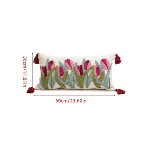 TEMU 튤립 패턴 베개 커버 1개, 전원풍 스타일, 루프 파일 자수 및 네 모서리 술 장식 공예, 거실 또는 침실 일상용 장식용 쿠션 커버, 소파 허리 쿠션 베개 커버, 차량용 장식 쿠션 또는 침대 옆 등받이, 모든 계절용, 50cm*50cm 또는 60cm*30cm, 베개 속통 미포함