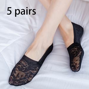 TEMU 10쌍 (5쌍 표시) 여성용 우아한 플로럴 레이스 발목 양말 - 통기성 미끄럼 방지 실리콘 그립, 경량 여름 보트 양말 대조 레이스 트림, 캐주얼 및 정장용 멀티컬러 세트