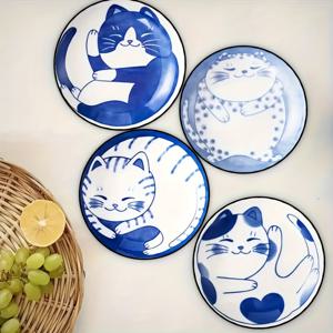 TEMU 4개 세트 세라믹 스타일 고양이 코스터 - 귀여운 고양이 디자인의 파란색과 흰색 재활용 나무 음료 코스터, 내열성 및 세척 용이, 식탁, 커피 테이블 및 사무실 책상 장식에 적합, 고양이 테마 추가에 이상적