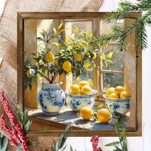 TEMU 2D 플랫, 2D 플랫, 파란색과 흰색 도자기 볼, 생생한 레몬, 그리고 햇살이 비치는 창가 뷰가 특징인 농가 스타일 레몬 정물 벽걸이 액자. 집, 주방 또는 차고 장식에 완벽하며, 8X8인치 시즌 액센트, 레몬 테마 주방 장식