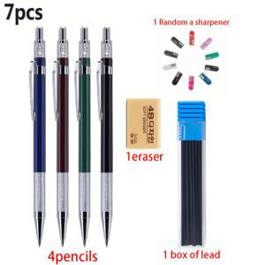 TEMU 신학기 시즌 7pcs/세트 2.0mm 기계식 자동 연필, 솔리드 필링 가능, 샤프너 내장, 데일리 사무용 필기, 스케치, 마킹 문구, 정밀 필기 도구 (펜 4개+연필심 1개+지우개 1개+랜덤 샤프너)