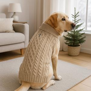 TEMU 강아지 터틀넥 케이블 니트 스웨터, 추운 날씨용 클래식 패턴 애완동물 스웨터, 카키