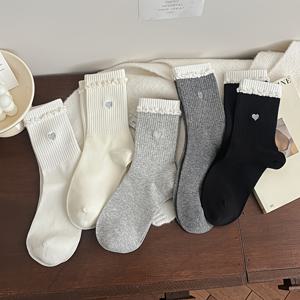 TEMU 여성용 버블 하트 레이스 양말 5켤레, 미드 카프 스타일, 가을/겨울에 적합, 한국/일본 패션 다용도 슬러치 양말
