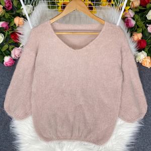 TEMU 새로운 패션 우아한 V넥 세븐쿼터 슬리브 솔리드 컬러 루즈핏 심플 데일리 커뮤트 데이트웨어 여성용 패브릭 풀오버