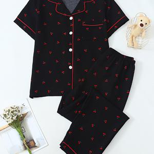 TEMU 십대 소녀용 파자마 세트, 봄/여름 및 가을 시즌용 블랙 체리 프린트 반팔 상의 + 긴 바지, 청소년용