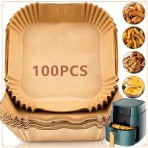 TEMU 논스틱 에어프라이어 라이너 100매 - 갈색 종이 시트, 베이킹, 로스팅, 전자레인지 사용 가능 - 세척 용이, 건강한 요리, 가정용 및 상업용 주방용, 에어프라이어 액세서리