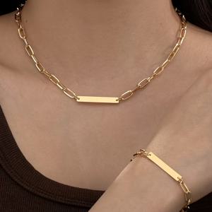 TEMU 유럽 및 미국 패션 럭셔리 스테인리스 스틸 페이퍼클립 체인 광택 라운드 디스크 기하학적 직사각형 펜던트 목걸이와 팔찌 세트, 고급스러운 느낌