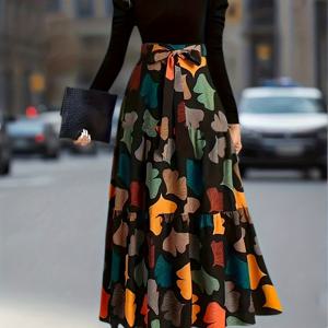 TEMU 봄/가을 신상 빈티지 패치워크 긴팔 드레스 - 은행잎 프린트, 허리끈 및 플레어 맥시 스커트 여성용