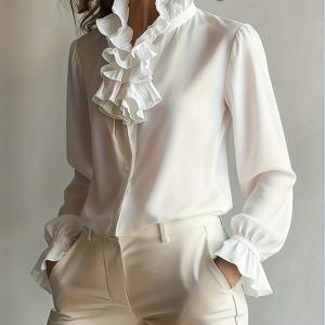 TEMU 2025년 스탠드 칼라와 러플 레이스 트림이 있는 긴팔 셔츠